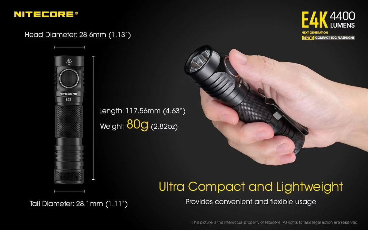 Combo: NITECORE E4K Next generation Flashlight - 4400 Lumens w/Tini Copper Keychain Light -380 Lumens