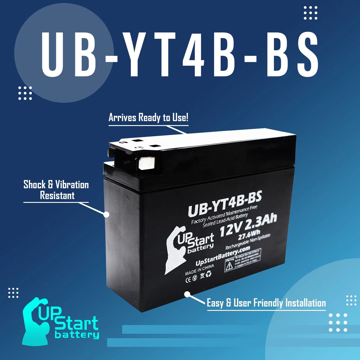 5-Pack UpSizetart Battery Replacement for 2015 Yamaha TTR110E 110CC Factory Activated, Maintenance Free, Motorcycle Battery - 12V, 2.3Ah, UB-YT4B-BSize