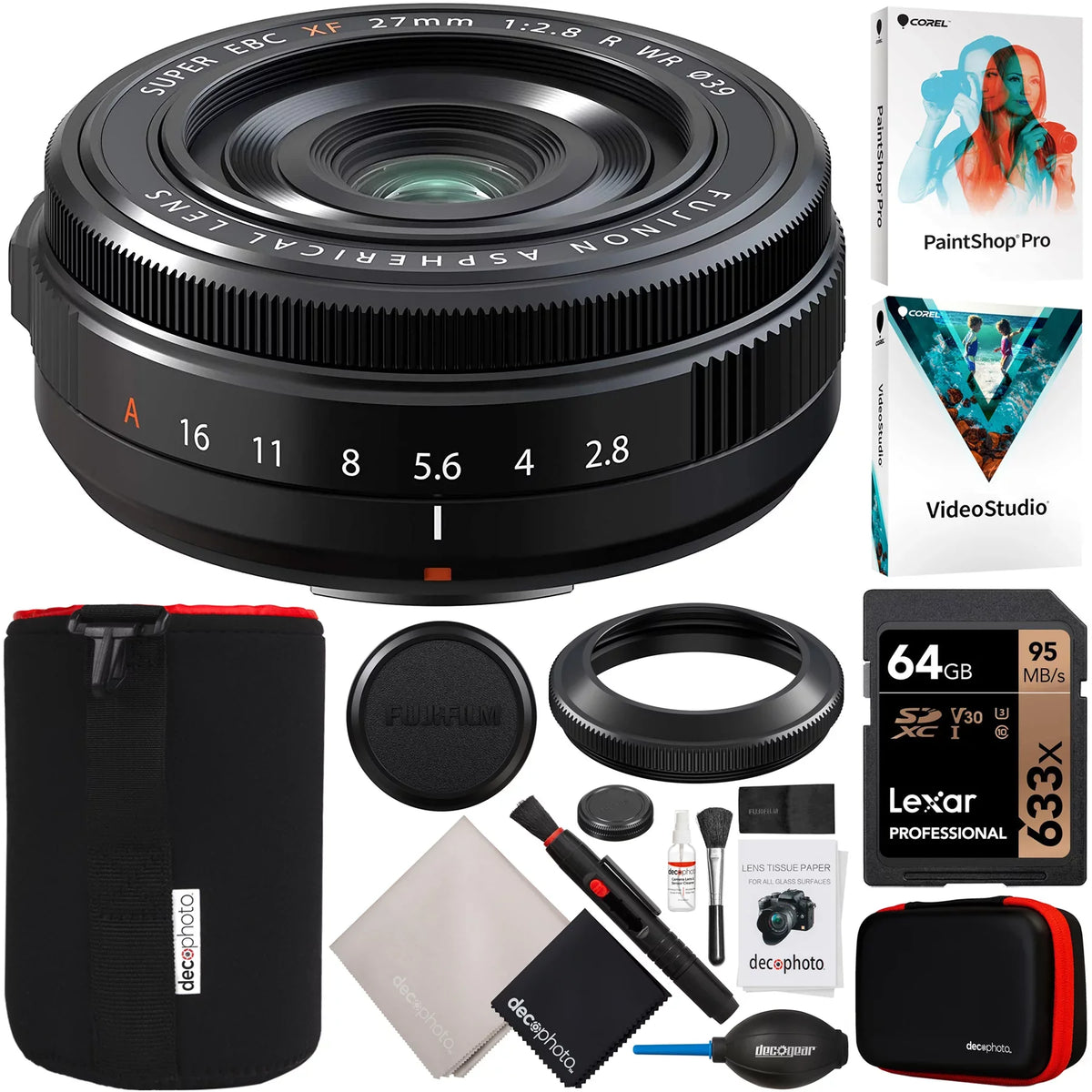 Fujinon XF 27mm F2.8 R WR Lens for X Mount Mirrorless Digital Cameras 16670170 Bundle With Deco Gear Protective Lens Case + 64GB Memory Card + Photo Video Sizeoftware Kit & Accessories