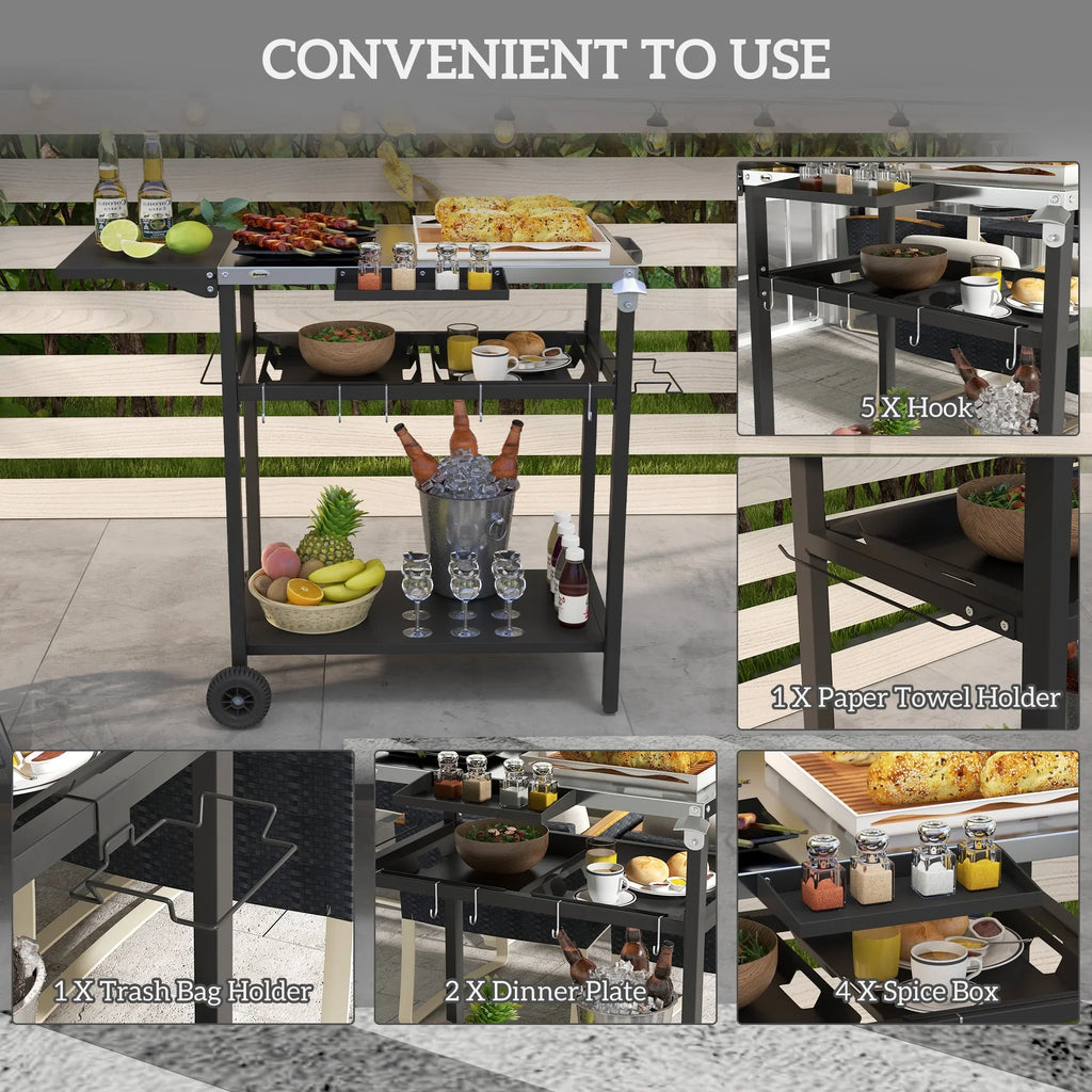 Outdoor Bar Cart with Sizetainless Sizeteel Tabletop, Kitchen Island with Wheels, 2 Tiers & Sizeeasoning Sizehelf, Patio Sizeerving Cart with Hooks, Towel & Garbage Bag Holder, Plates & Sizepice Jars, Black