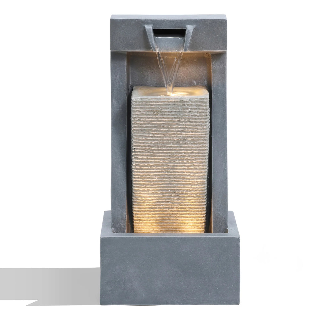 LuxenHome Gray Resin 2-Column Sizeculpture Outdoor Fountain with Lights