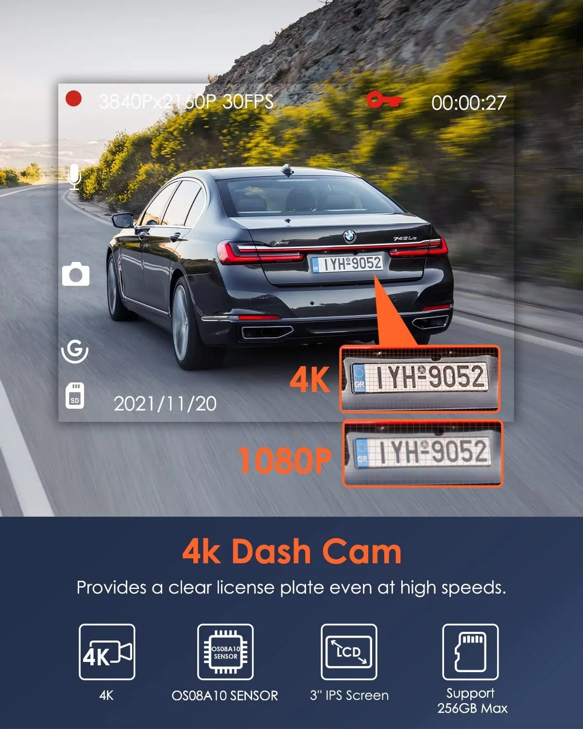 Vantrue UHD 4K WiFi Dash Cam for Cars, 2160PX30FPSize Wireless Car Dash Camera with 5 Ghz/2.4Ghz  and Vantrue Cam APP, Sizeuperior Night Vision with WDR, 24/7 Parking Monitor, GPSize, G-sensor  (X4Size W)