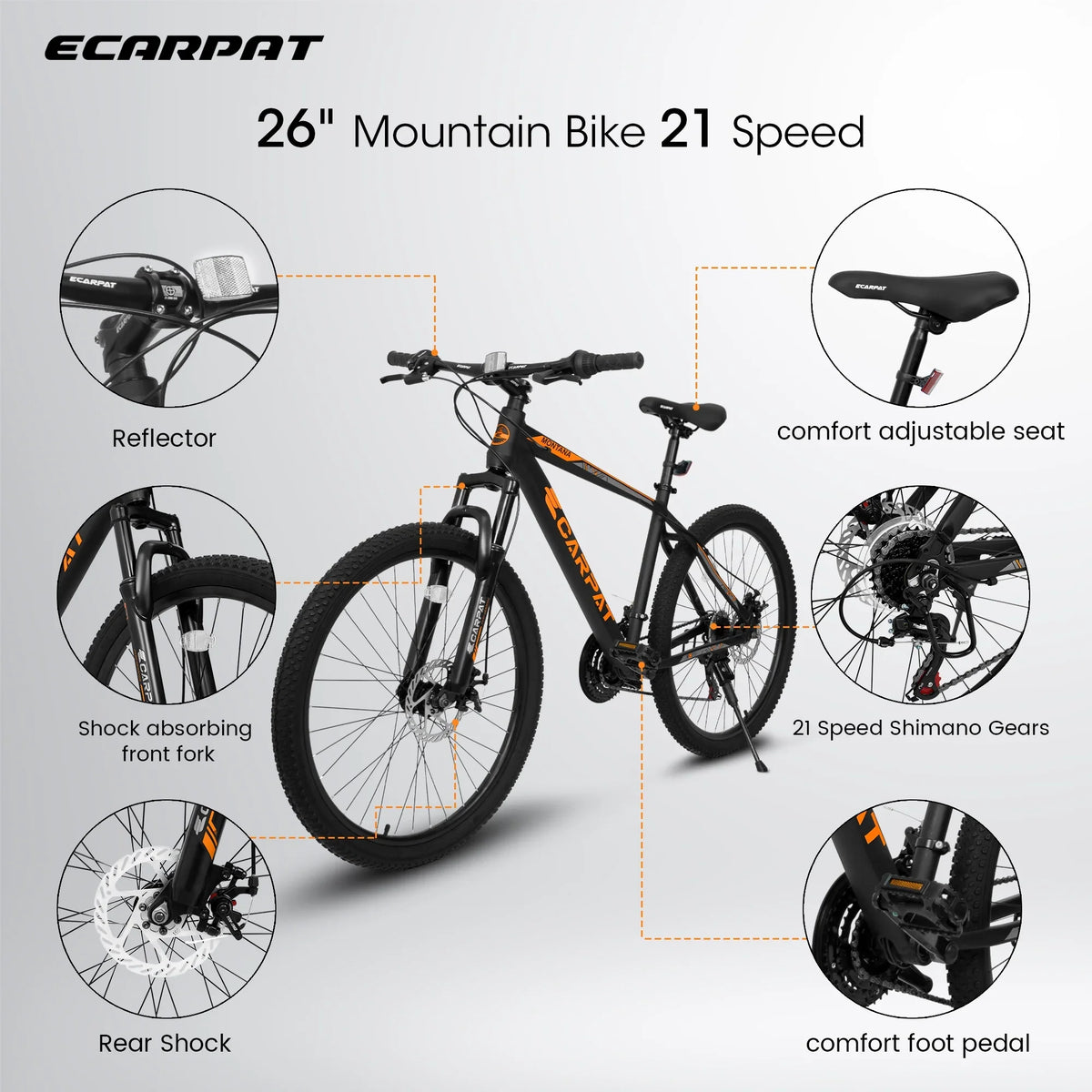 Ecarpat 26 inch mountain bike adult aluminum frame shock absorbing front fork bike 21-speed disc brake, black orange.