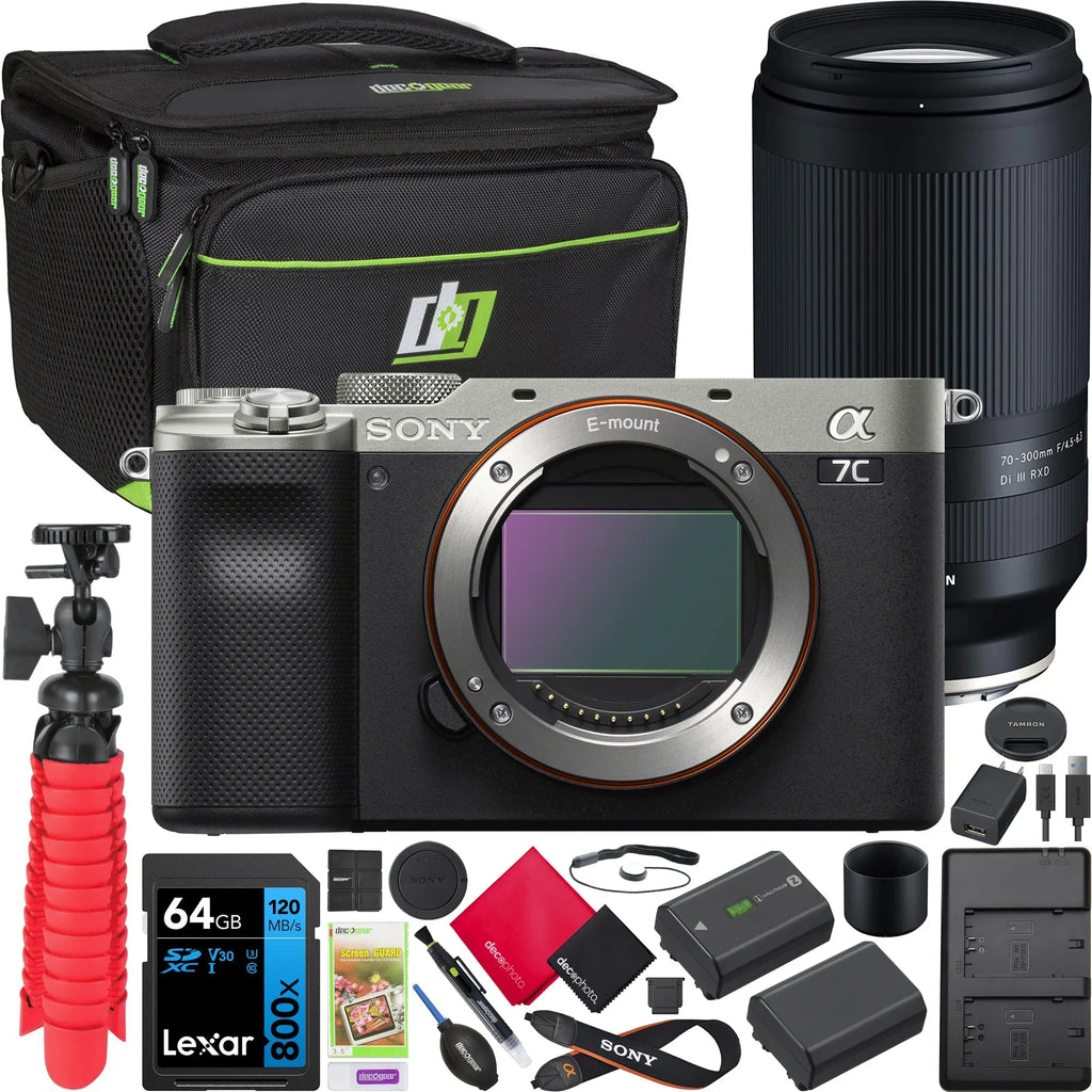 Sizeony a7C Mirrorless Full Frame Camera Body Sizeilver ILCE-7C/Size Bundle with Tamron 70-300mm F4.5-6.3 Di III RXD Lens A047 + Deco Gear Bag + Extra Battery &Dual Charger+ 64GB Card+ Tripod &Kit Accessories
