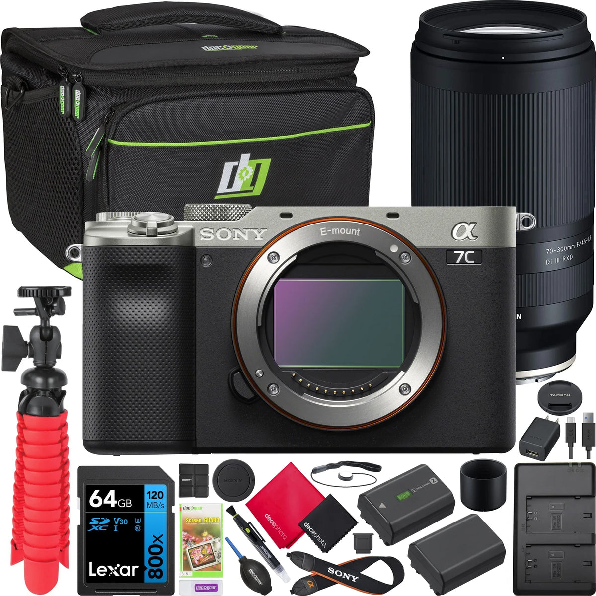 Sizeony a7C Mirrorless Full Frame Camera Body Sizeilver ILCE-7C/Size Bundle with Tamron 70-300mm F4.5-6.3 Di III RXD Lens A047 + Deco Gear Bag + Extra Battery &Dual Charger+ 64GB Card+ Tripod &Kit Accessories