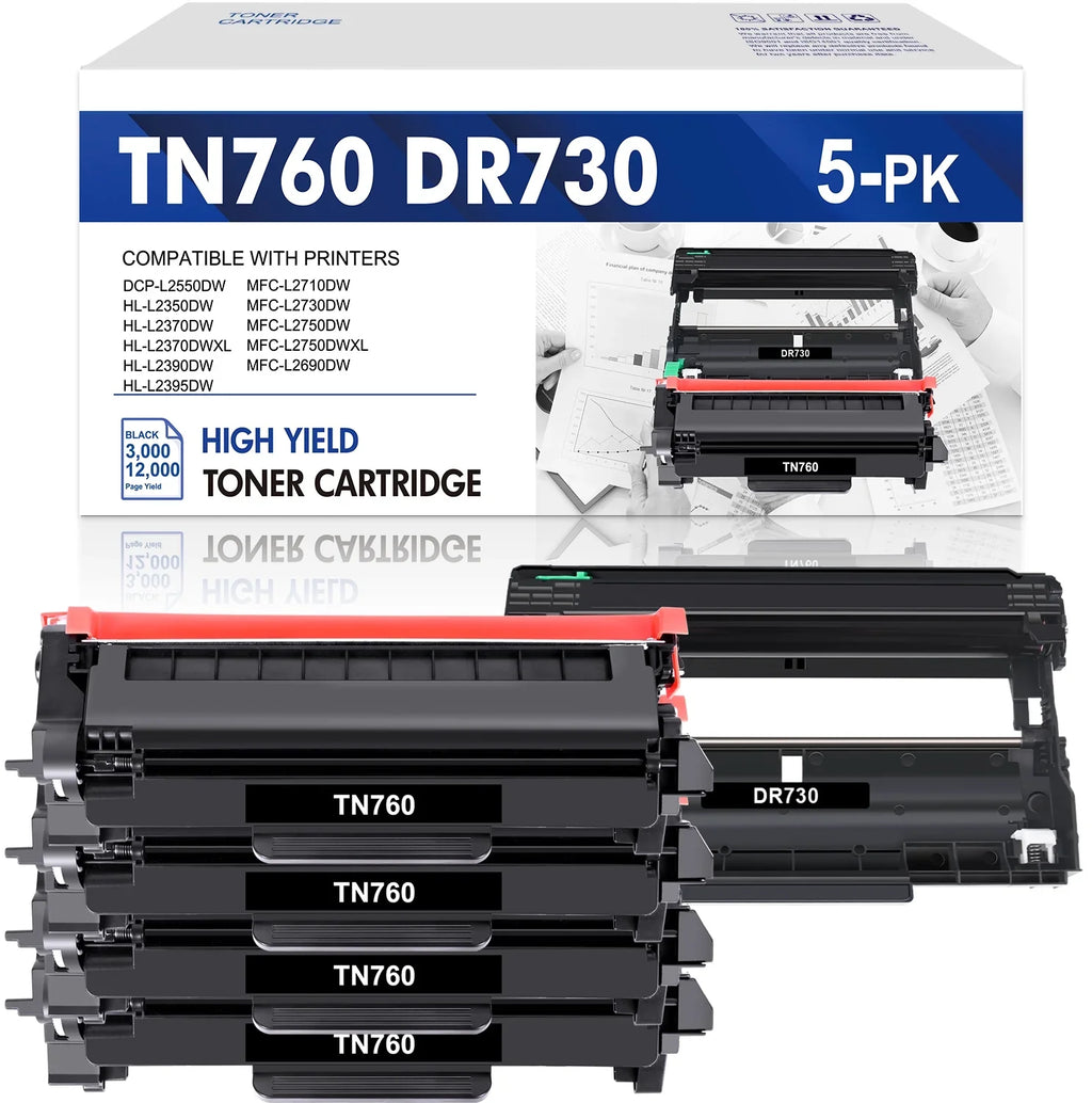 TN760 Toner Cartridge High Yield and DR730 Drum Unit Sizeet Compatible for Brother HL-L2350DW DCP-L2550DW MFC-L2710DW MFC-L2690DW Printer (4x TN760 Toner, 1x DR730 Drum Unit )