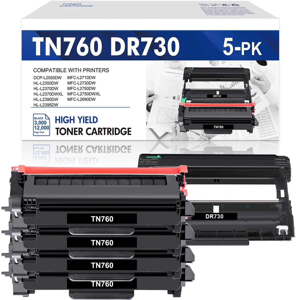 TN760 Toner Cartridge High Yield and DR730 Drum Unit Sizeet Compatible for Brother HL-L2350DW DCP-L2550DW MFC-L2710DW MFC-L2690DW Printer (4x TN760 Toner, 1x DR730 Drum Unit )