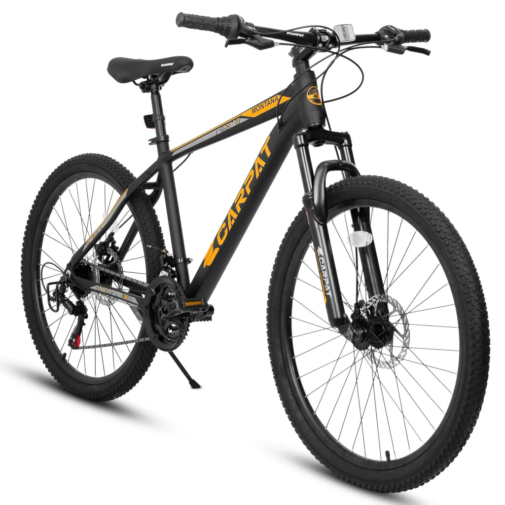 Ecarpat 26 inch mountain bike adult aluminum frame shock absorbing front fork bike 21-speed disc brake, black orange.