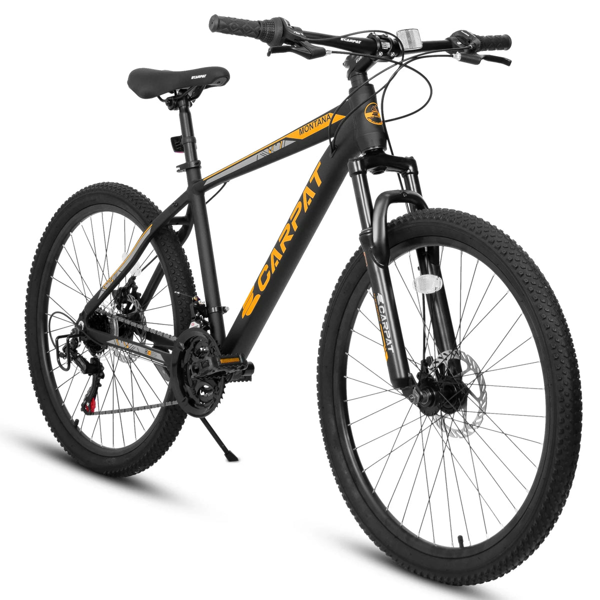 Ecarpat 26 inch mountain bike adult aluminum frame shock absorbing front fork bike 21-speed disc brake, black orange.