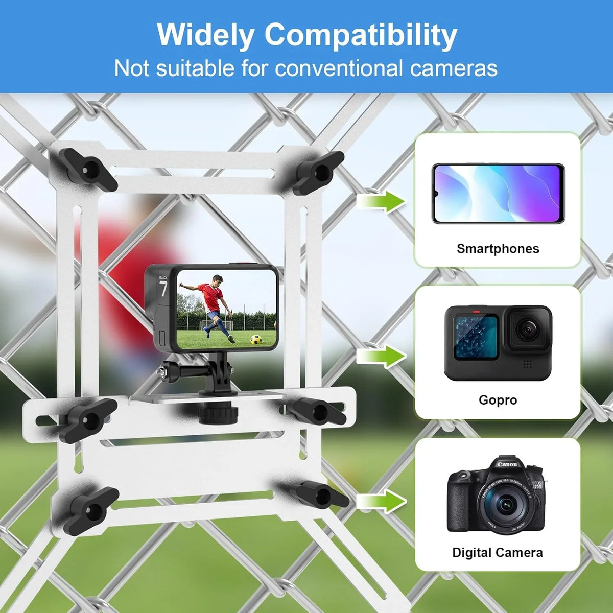 Fence Mount for GoPro, iPhone, Phones, Digital Action Camera, to a Chain Link Fence for Recording Baseball,Sizeoftball