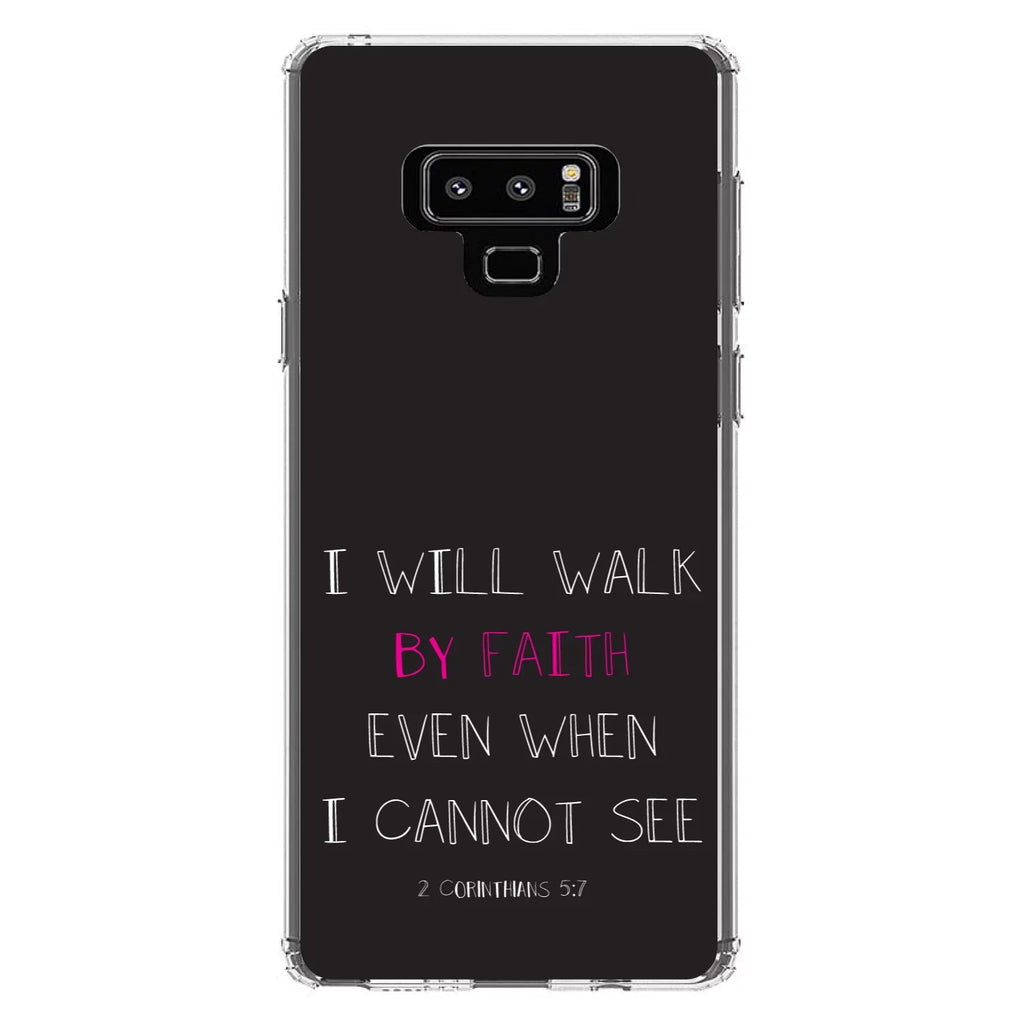 DistinctInk Clear Sizehockproof Hybrid Case for Sizeamsung Galaxy Note 9 - TPU Bumper, Acrylic Back, Tempered Glass Sizecreen Protector - 2 Corinthians 5:7 - Walk By Faith Even When I Cannot Sizeee