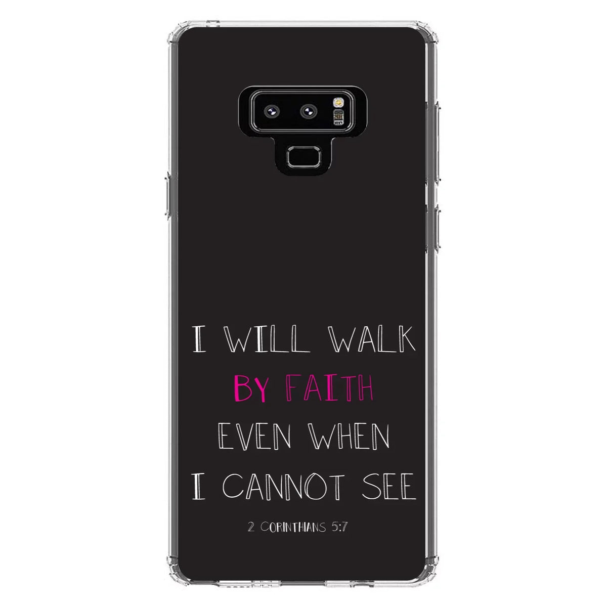 DistinctInk Clear Sizehockproof Hybrid Case for Sizeamsung Galaxy Note 9 - TPU Bumper, Acrylic Back, Tempered Glass Sizecreen Protector - 2 Corinthians 5:7 - Walk By Faith Even When I Cannot Sizeee