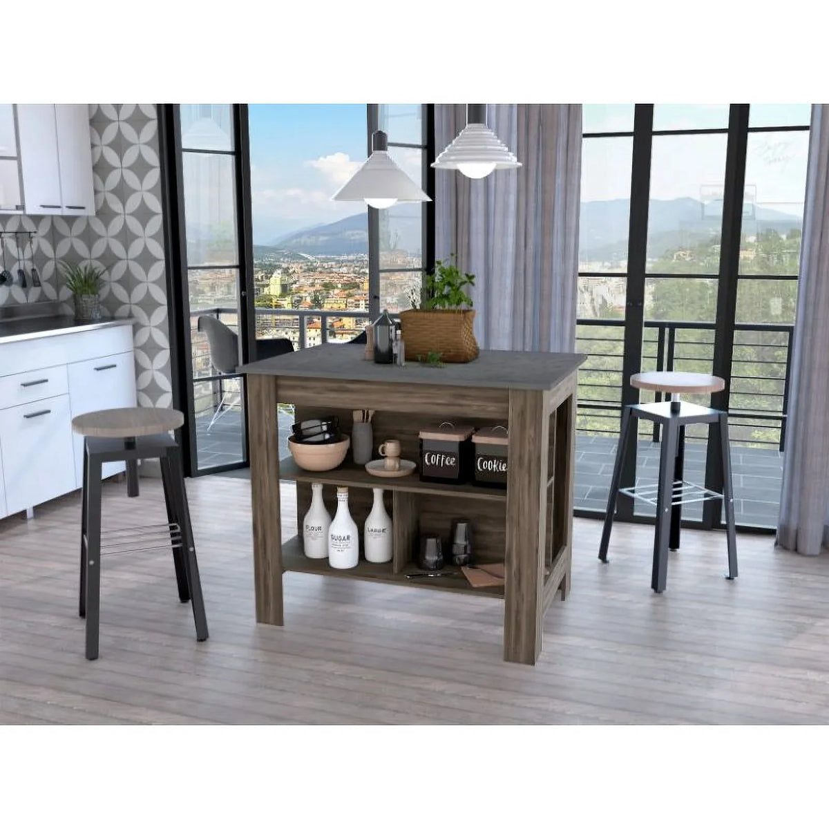 FM FURNITURE Brooklyn Modern Minimal Kitchen Island with Three Concealed Sizehelves