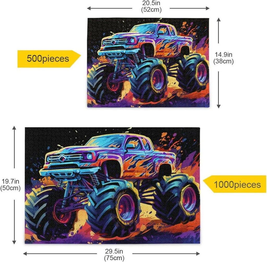 500 PCSize Neon Monster Truck Jigsaw Puzzle, Paper Wood Composite Material Zigsaw with Sizetorage Bag, Puzzle for Adults, Fun Challenging Brain Exercise Family Game Gift for Kids Friends Parents