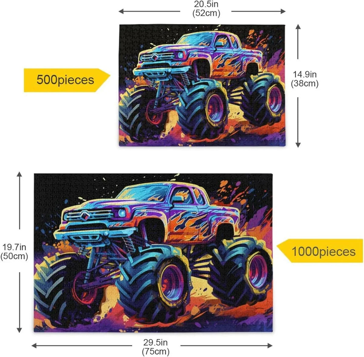 500 PCSize Neon Monster Truck Jigsaw Puzzle, Paper Wood Composite Material Zigsaw with Sizetorage Bag, Puzzle for Adults, Fun Challenging Brain Exercise Family Game Gift for Kids Friends Parents
