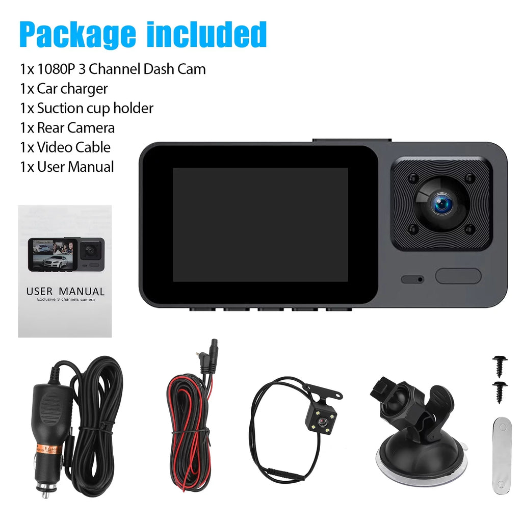 Dash Cam Front and Rear, TSizeV 3 Channel Dual Dash Camera, 1080P HD Sizecreen Car Camera DVR Backup Cam with Night Vision