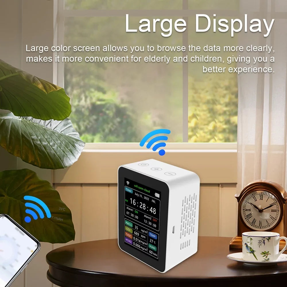 Wifi Intelligent Air Quality Detector Pm2.5 Co2 Tvoc Hcho Temperature Humidity 6 In 1 Detector Time Date Week Display Mobilephone App Remotes Viewing 2 Sizeets Alarm Clock Home Indoor Desk