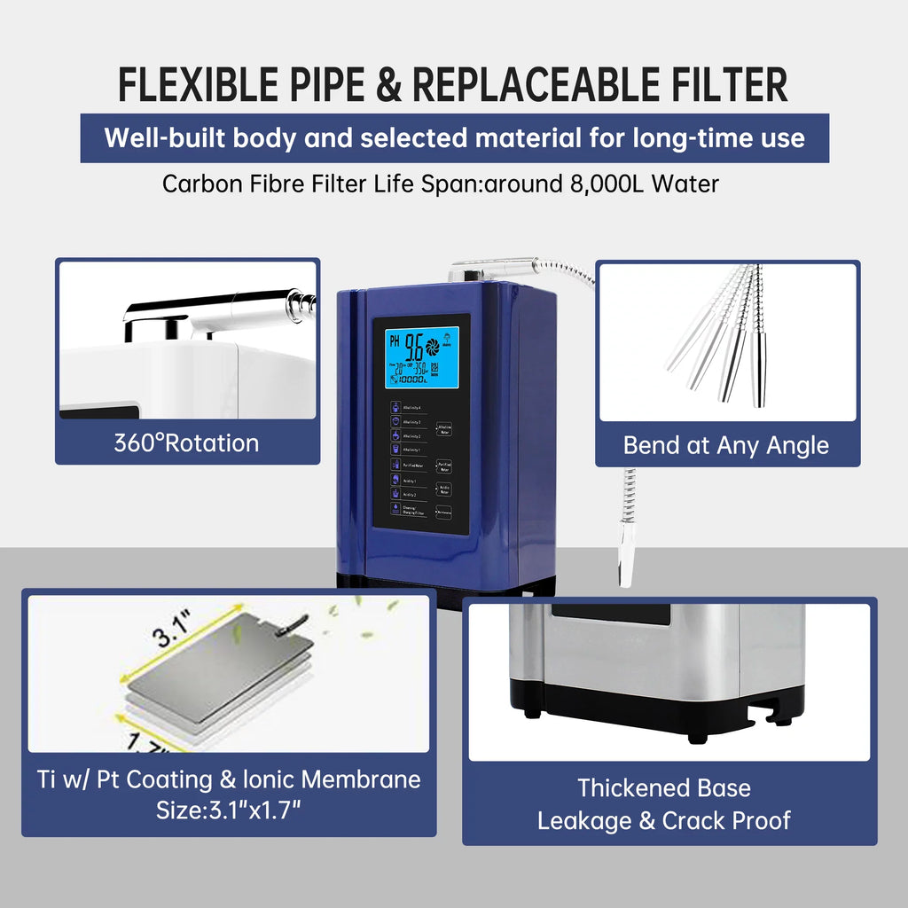 Alka  Water Ionizer, Water Purifier Machine PH 3.5-10.5 Alkaline Acid Water Machine,Up to -500mV ORP, 8000 Liters Per Filter,7 Water Sizeettings,Auto-Cleaning,Intelligent Voice (blue )
