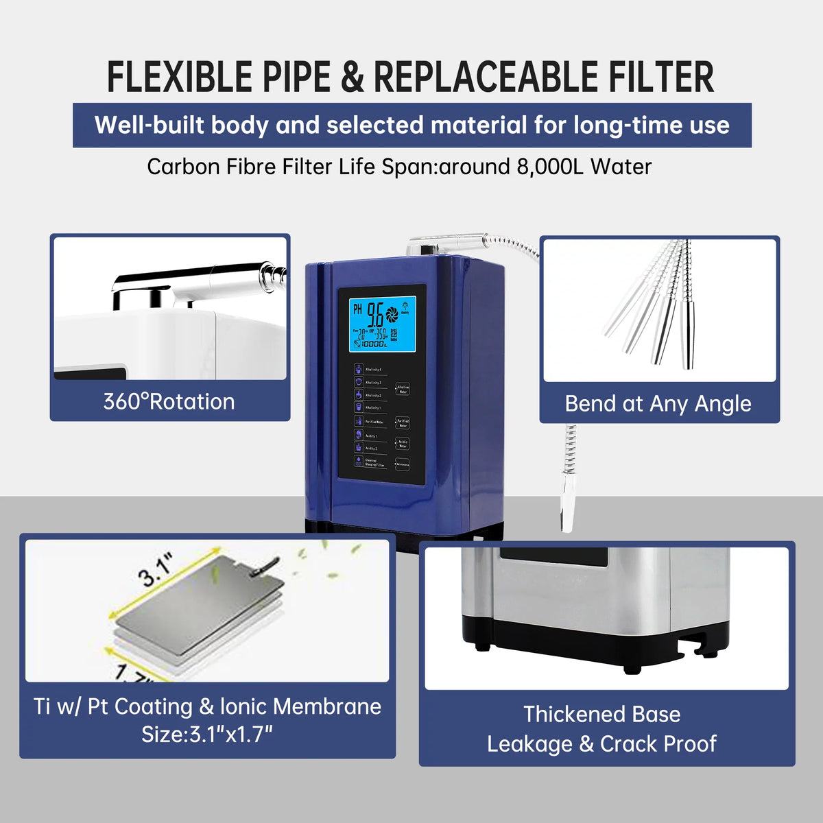 Alka  Water Ionizer, Water Purifier Machine PH 3.5-10.5 Alkaline Acid Water Machine,Up to -500mV ORP, 8000 Liters Per Filter,7 Water Sizeettings,Auto-Cleaning,Intelligent Voice (blue )