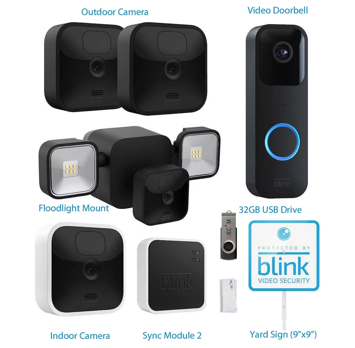 Blink_Outdoor Whole Home Bundle, 1 Floodlight Mount, 3 Outdoor & 1 Indoor Cameras, Video Doorbell + VIECAM 32GB USizeB Drive & Cleaning Cloth