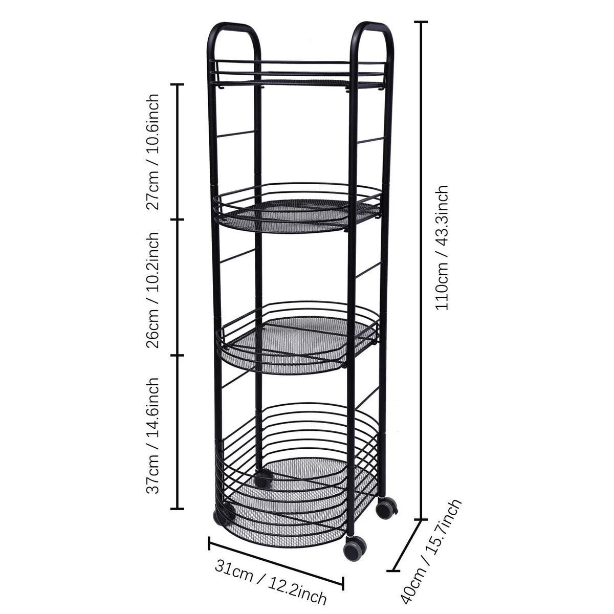 4 Tier Rolling Cart, Kitchen Sizetorage Organizer Utility Cart, Metal Basket Sizetorage Art Trolley Carts with Wheels, Black