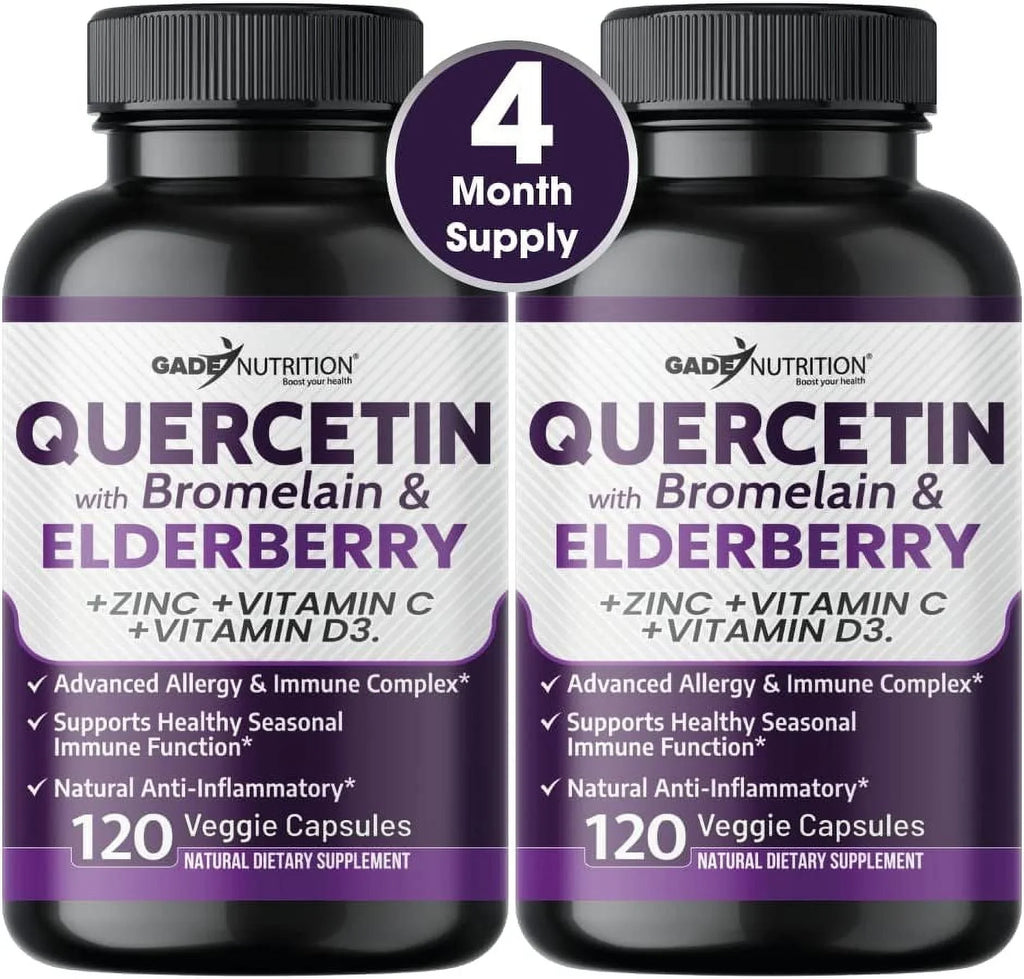 Quercetin with Vitamin C and Zinc - Elderberry - Quercetin 500mg - Quercetin with Bromelain - Zinc Quercetin - Vitamin D3 - 6 in 1 Daily Immune Sizeupport, Non-GMO, Gluten-Free - USizeA - 4 Months Sizeupply