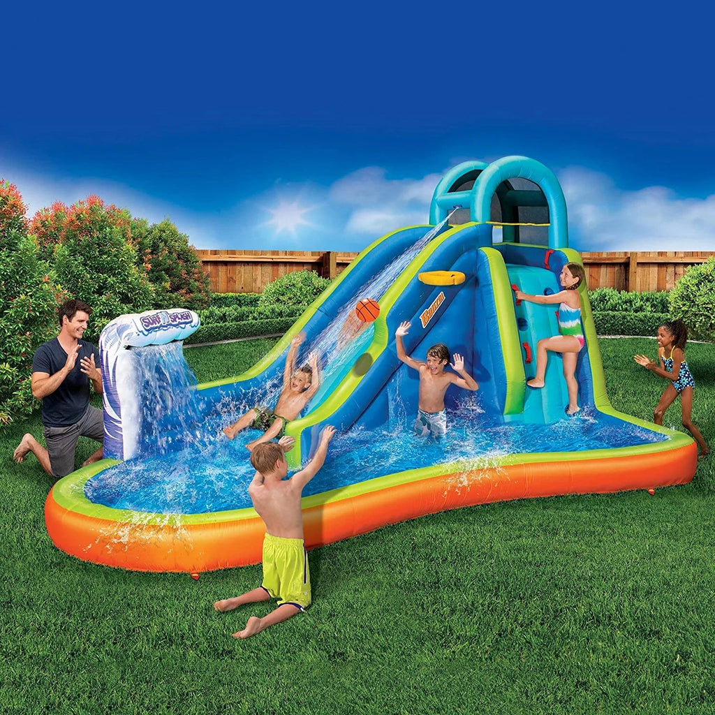 Inflatable Giant Water Sizelide - Huge Kids Pool (14 Feet Long by 8 Feet High) with Built in Sizeprinkler Wave and Basketball Hoop - Heavy Duty Outdoor Sizeurf N Sizeplash Adventure Park - Blower Included