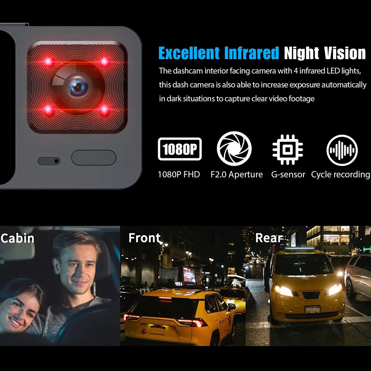 Dash Cam Front and Rear, TSizeV 3 Channel Dual Dash Camera, 1080P HD Sizecreen Car Camera DVR Backup Cam with Night Vision