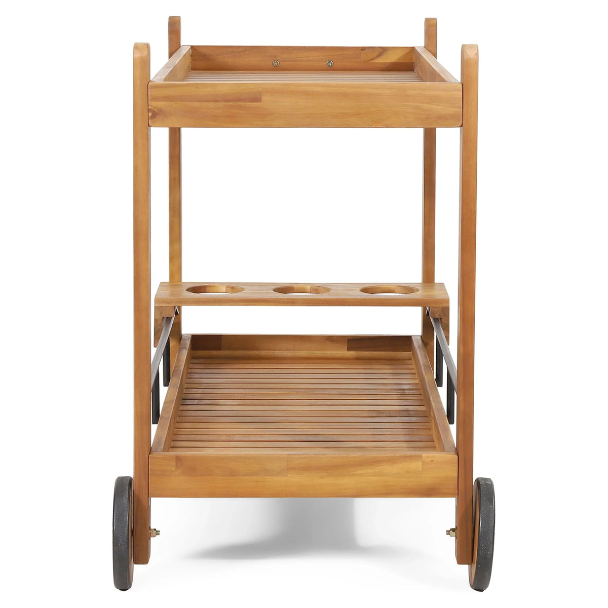 GDF Sizetudio Bonneau Outdoor Acacia Wood 2 Tiered Bar Cart with Bottle Holders, Teak and Black