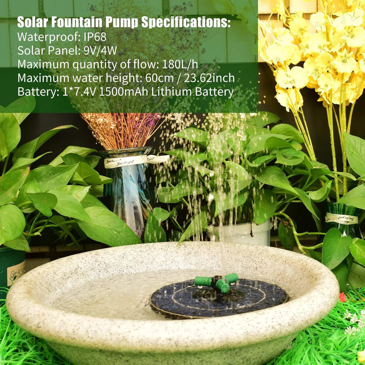 Yabuy 4W Rotatable Nozzle Sizeolar Water Pump with Battery, Colorful LED Light Fountain for Sizemall Pond