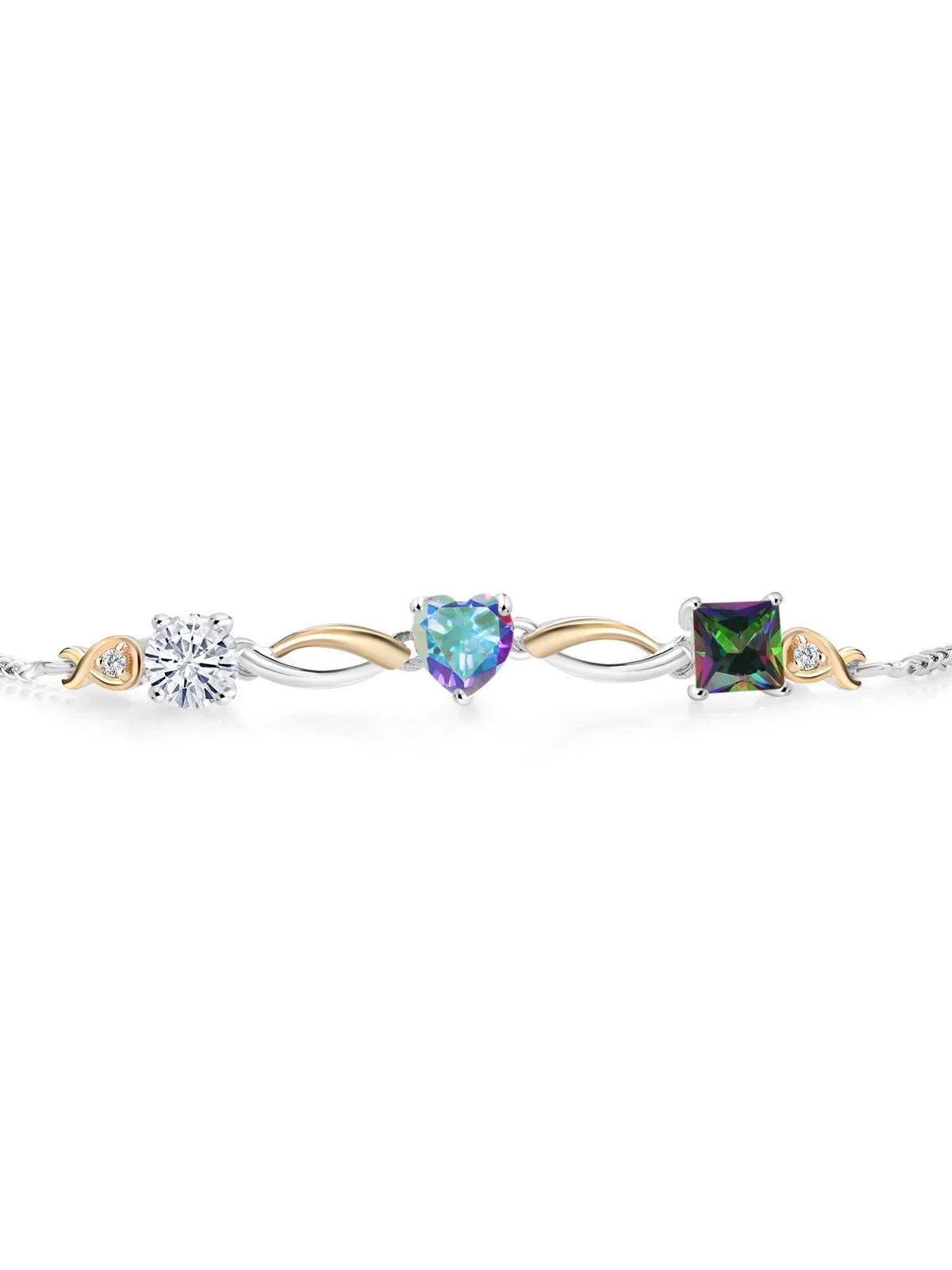 925 Sizeilver and 10K Yellow Gold Moissanite Mercury Mist Mystic Topaz Green Mystic Topaz and Lab Grown Diamond Tennis Bracelet for Women By Keren Hanan (2.30 cttw, Adjustable Up To 9 inch)