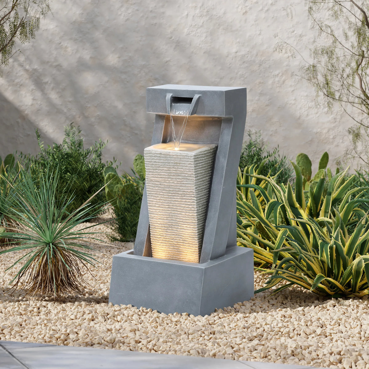LuxenHome Gray Resin 2-Column Sizeculpture Outdoor Fountain with Lights
