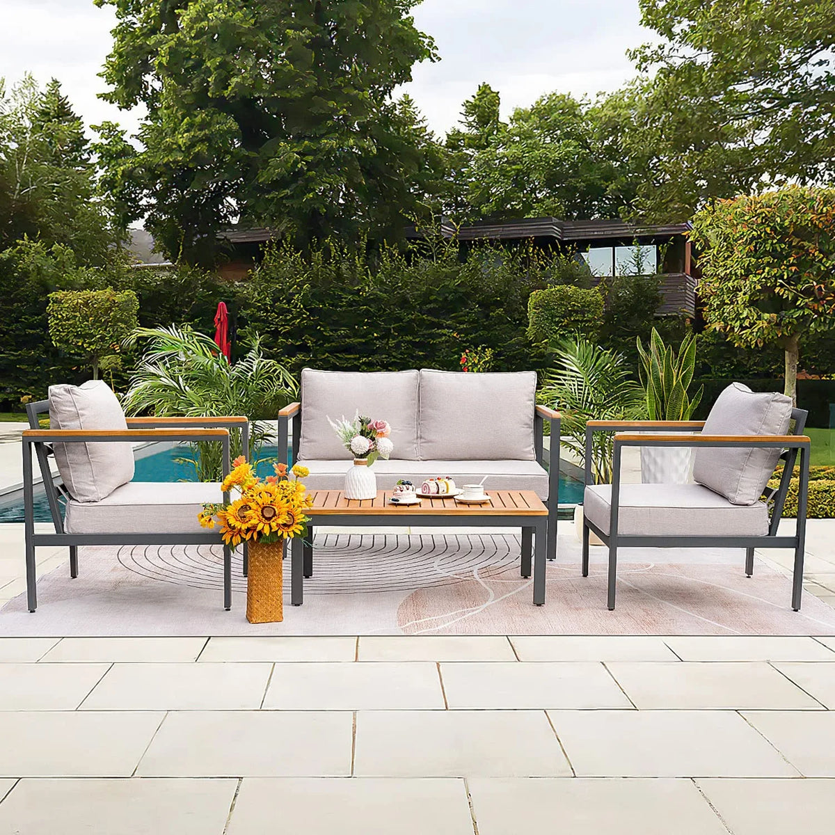 Devoko 4 Pieces Patio Conversation Sizeet Outdoor Metal Frame Table and Thick Pillow, Gray