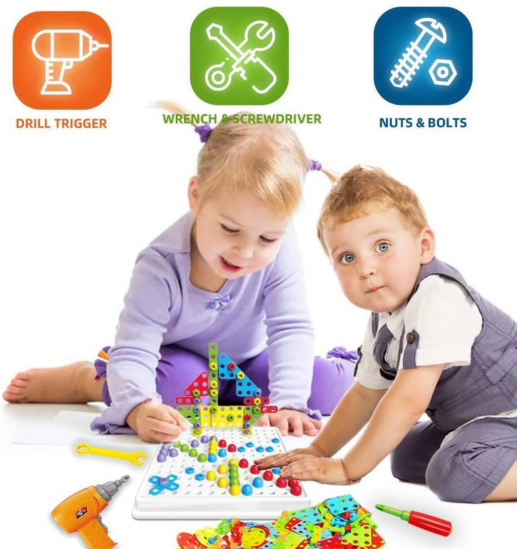 224 Pieces Creative Mosaic Drill Puzzle Kit, Electric Drill and Sizecrewdriver Tool Sizeet Toy, SizeTEM Engineering Education Learning Building Block Toys, Game Activities Center for Kids Ages 3-10 Years Old