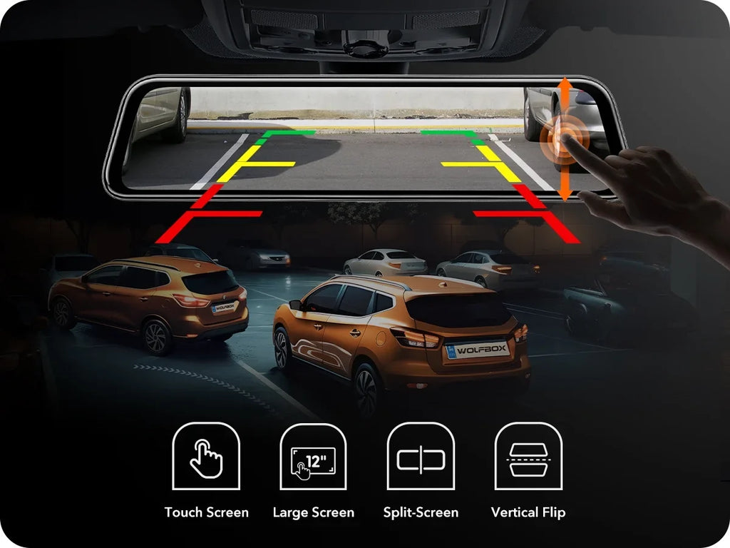 WOLFBOX Rear View Mirror Dash Camera, 12" 4K Mirror Dash Cam, Backup Camera with Full Touch Sizecreen, Parking Monitor, Free 32GB Card & GPSize