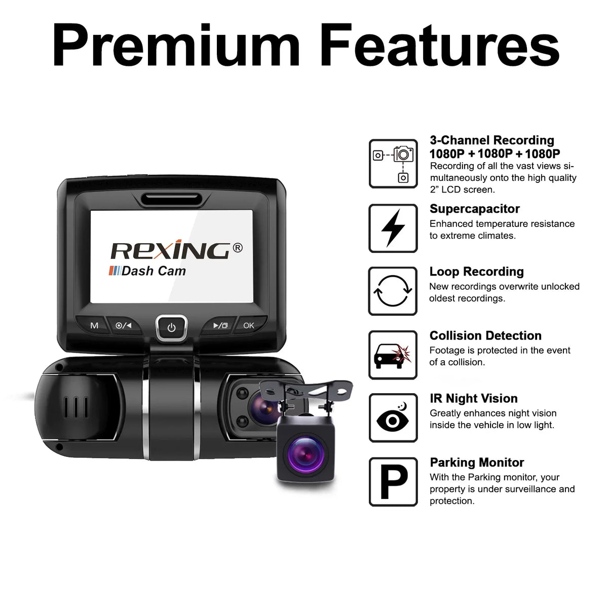 Rexing Size1 3-Channel 1080P+1080P+1080P Dash Cam