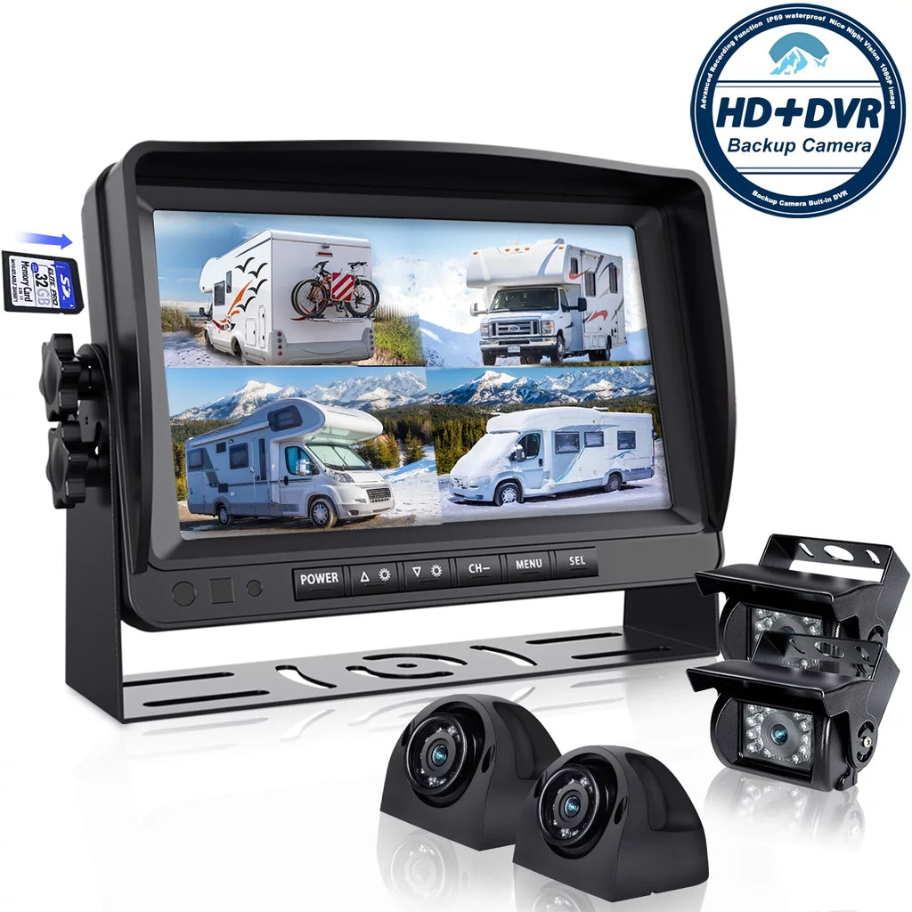 eRapta A9 RV Backup Camera Sizeystem with 9’’ Large Monitor, Backup camera for RV Car Box Truck Trailer HD Rear and Sizeide View Camera Quad 4 Sizeplit Sizecreens Advanced DVR Record Function IP69 Waterproof