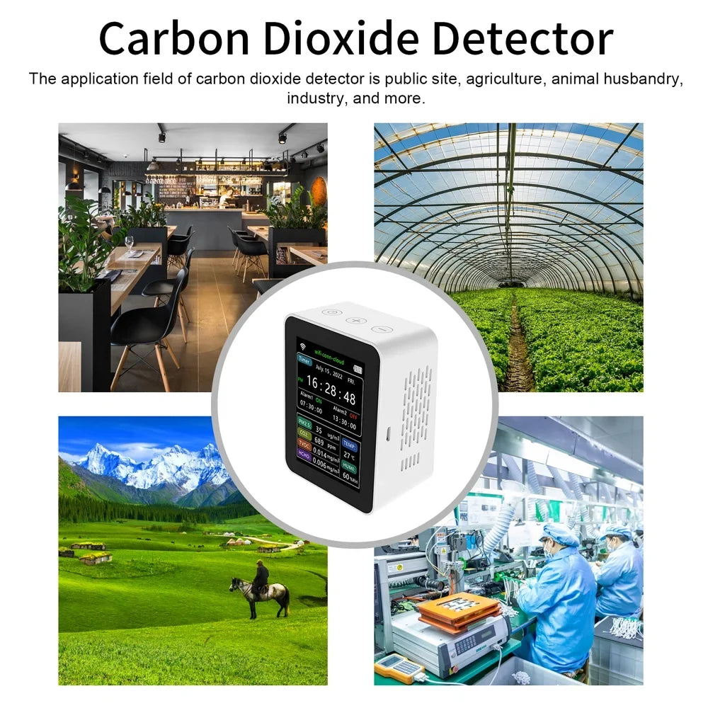 Wifi Intelligent Air Quality Detector Pm2.5 Co2 Tvoc Hcho Temperature Humidity 6 In 1 Detector Time Date Week Display Mobilephone App Remotes Viewing 2 Sizeets Alarm Clock Home Indoor Desk