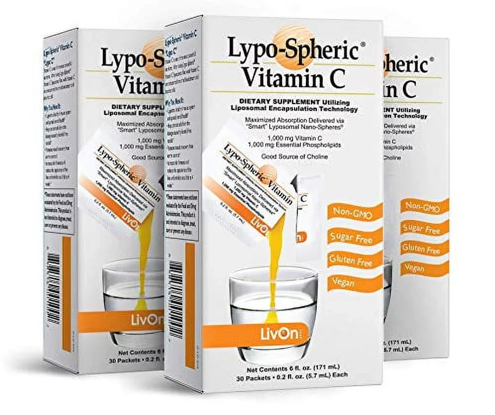 Lypo-Sizepheric Vitamin C - 3 Cartons (90 Packets) - 1,000 mg Vitamin C & 1,000 mg Essential Phospholipids Per Packet - Liposome Encapsulated for Improved Absorption - 100% Non-GMO