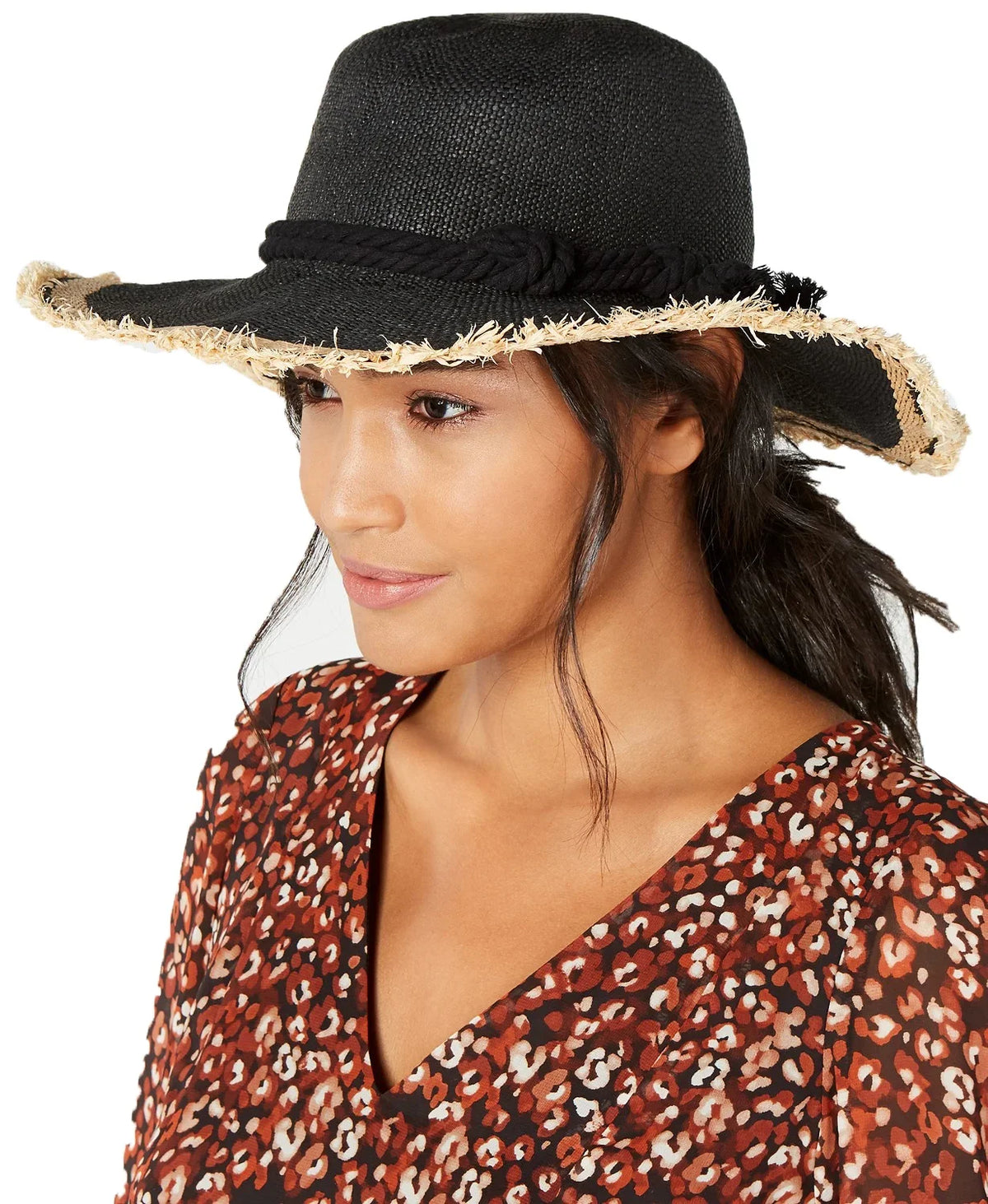INC International Concepts Women’s Twisted Sizetraw & Rope Detail Floppy Hats, Black