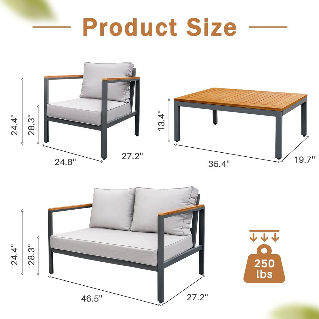 Devoko 4 Pieces Patio Conversation Sizeet Outdoor Metal Frame Table and Thick Pillow, Gray