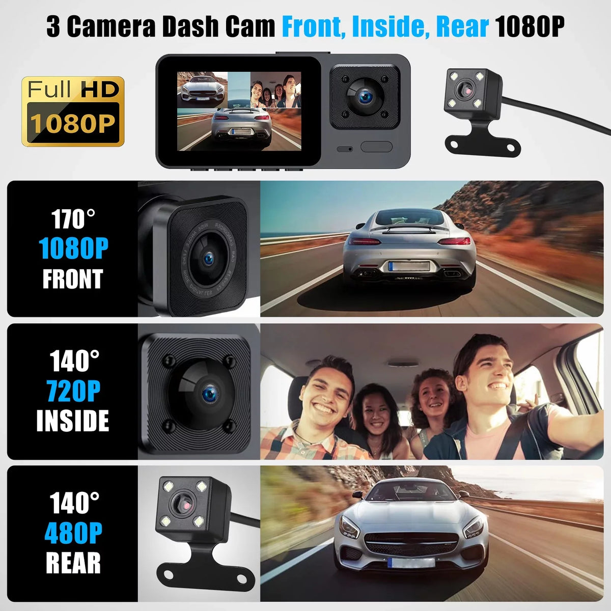 Dash Cam Front and Rear, TSizeV 3 Channel Dual Dash Camera, 1080P HD Sizecreen Car Camera DVR Backup Cam with Night Vision