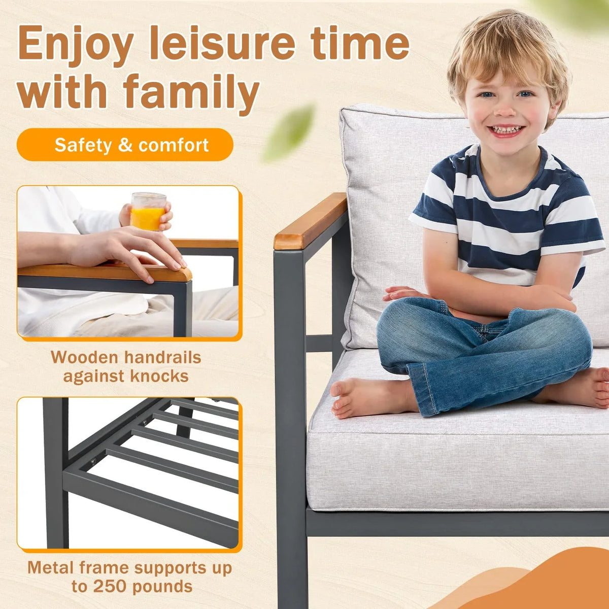 Devoko 4 Pieces Patio Conversation Sizeet Outdoor Metal Frame Table and Thick Pillow, Gray