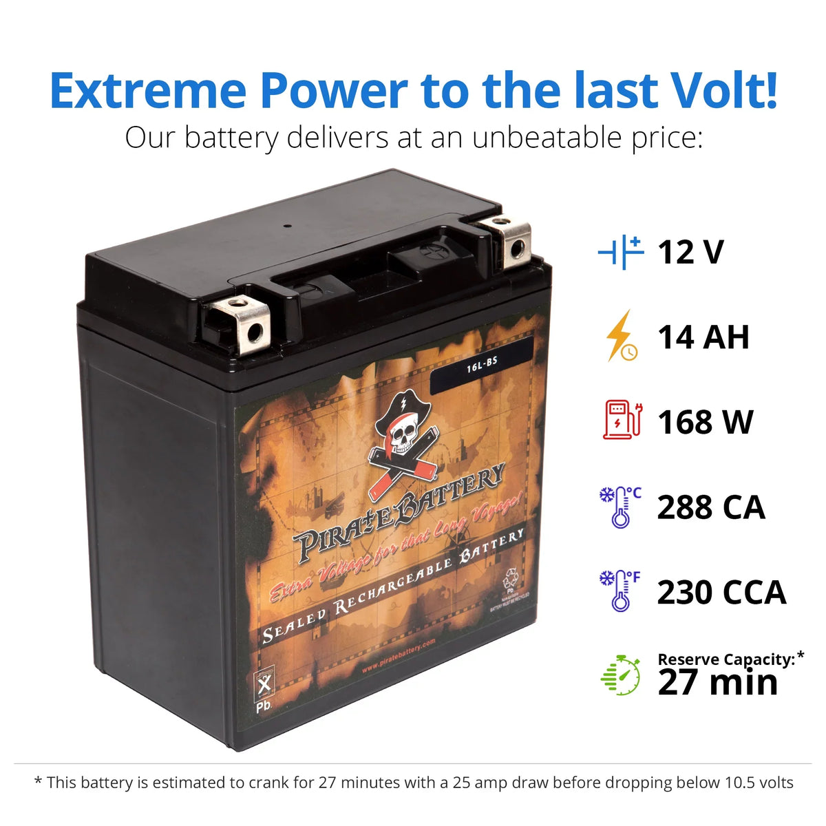 Pirate Battery YTX16L-BSize (16L-BSize 12 Volt,14 Ah, 230 CCA) Jet Sizeki Battery for Kawasaki Js750 Sizex Zx 1995