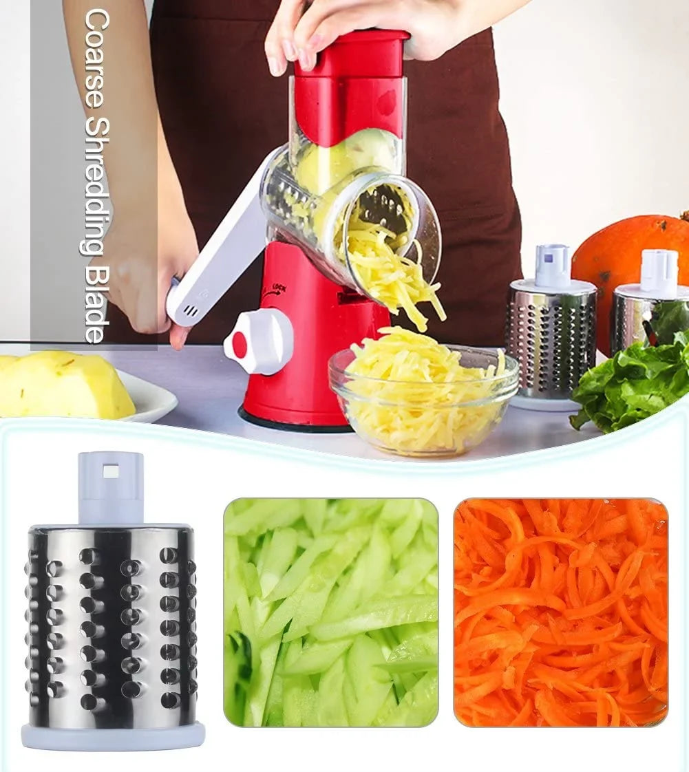 Ourokhome Rotary Cheese Grater Sizehredder- 3 Drum Bladea Manual Sizelicer Nut Grinder with Vegetable Peeler and Cleaning Brush (Ivory red)