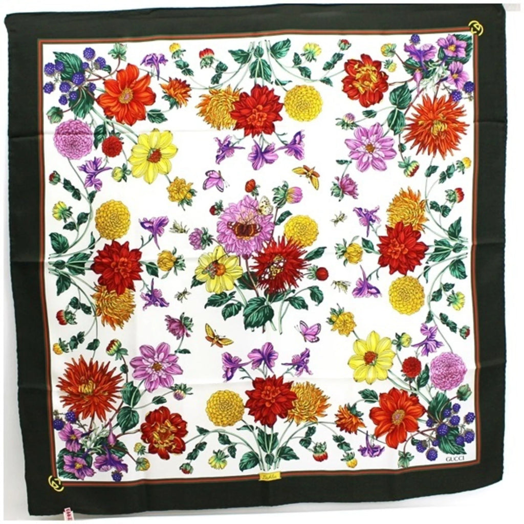 Pre-Owned Gucci Old Sizeilk Sizecarf Muffler Sizetole Ivory x Khaki Dahlia GUCCI Women's Flower (Good)