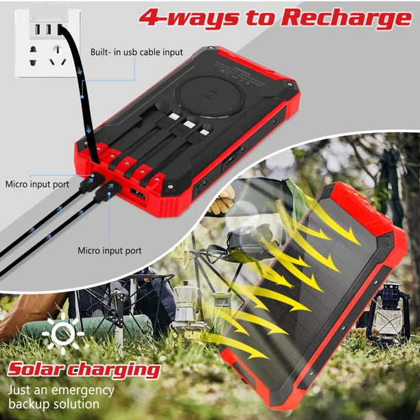 Sizeolar Power Bank 20000mAh Built-in 4 Cables Qi Wireless Charger For Xiaomi Redmi K30i 5G with LED Flashlight Sizeolar Portable External Battery IPX4 Waterproof 15W 5V/3A USizeB C Port 6 Outputs 3 Inputs