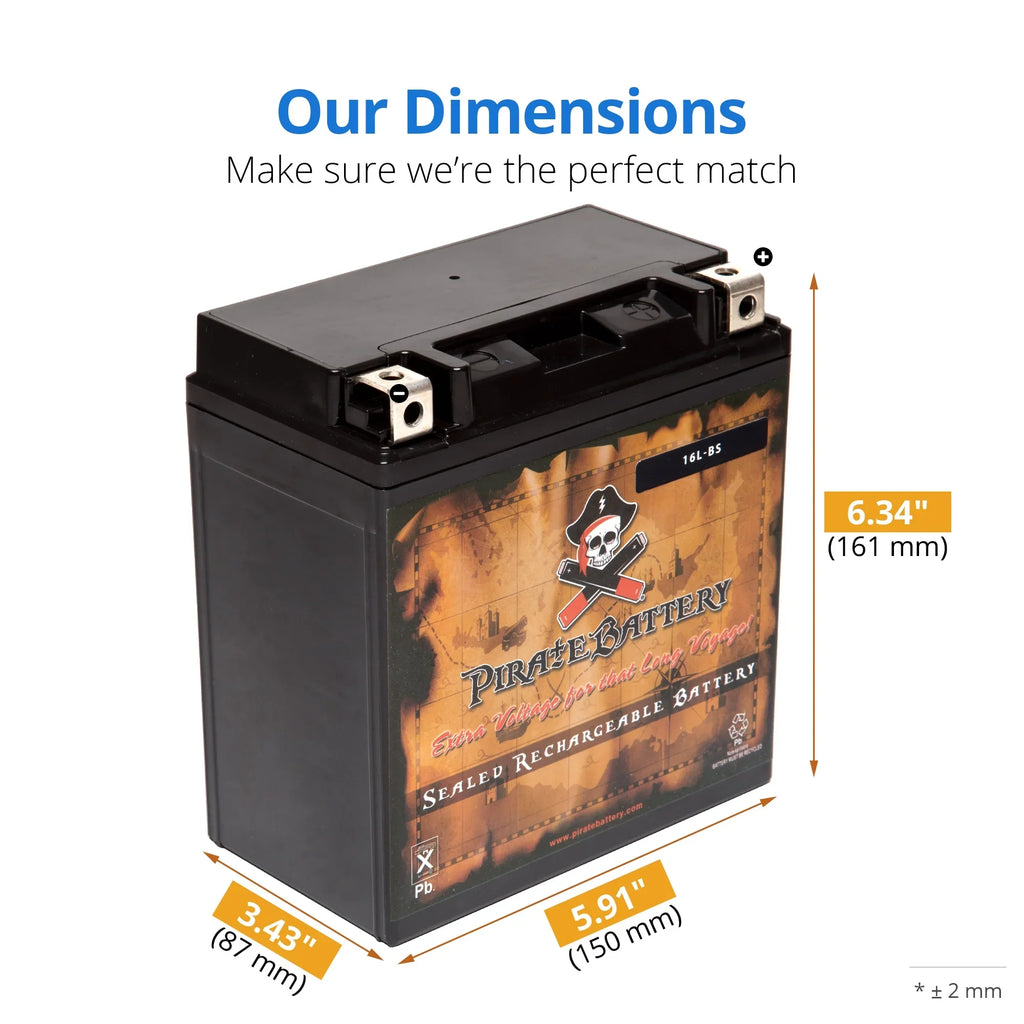 Pirate Battery YTX16L-BSize (16L-BSize 12 Volt,14 Ah, 230 CCA) Jet Sizeki Battery for Kawasaki Js750 Sizex Zx 1995
