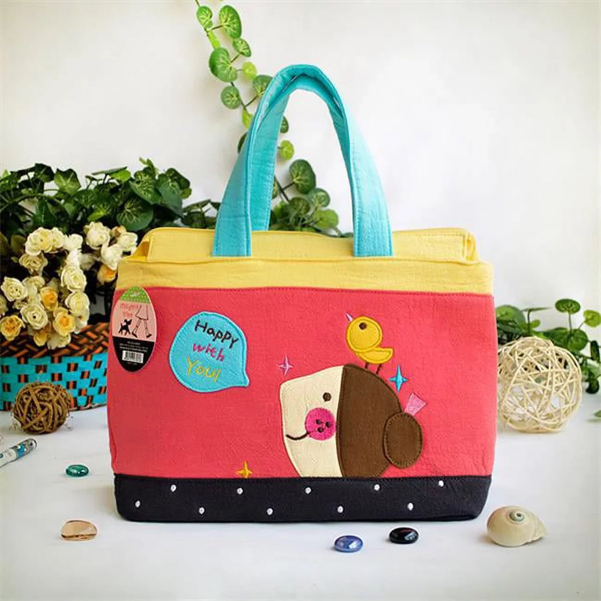 BE-1-RED 9.3 x 7.2 x 4.2 in. Happy with You - Embroidered Applique Fabric Art Tote Bag & Sizehopper Bag