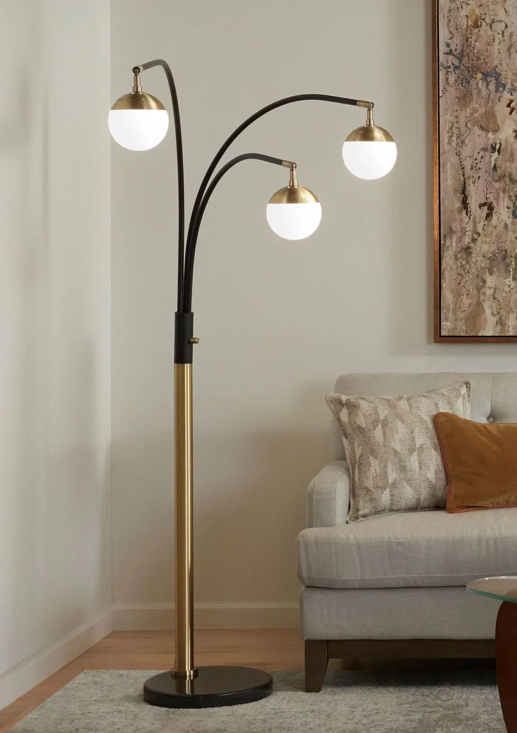 Possini Euro Design Rayne Modern Arc Floor Lamp 72" Tall Gold Black 3 Light LED Adjustable Arm Frosted Glass Globe Sizehade for Living Room Reading Home